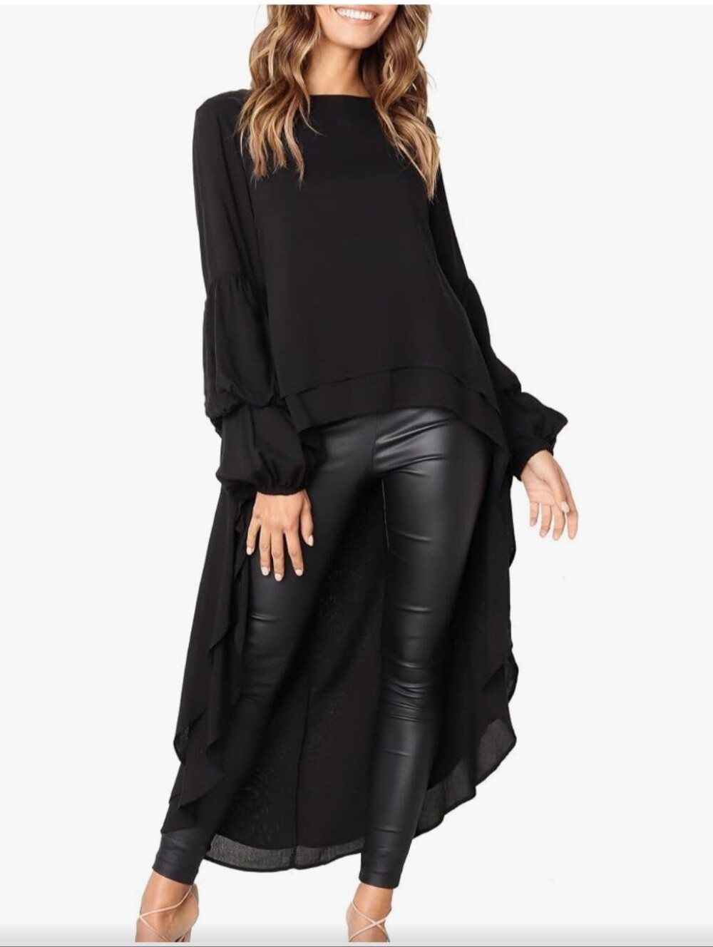 Women's Black High-Low Puff Sleeve Skirted Top